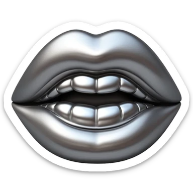 female lips emoji, smooth liquid metal chrome surface, sculpted shape, high-gloss reflections, monochrome futuristic 3D style, isolated on white sticker
