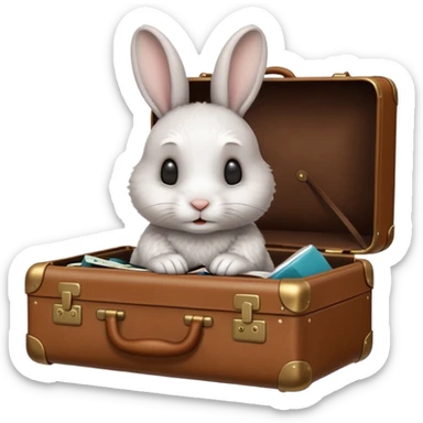 A curious rabbit nudging a tiny suitcase with its nose sticker