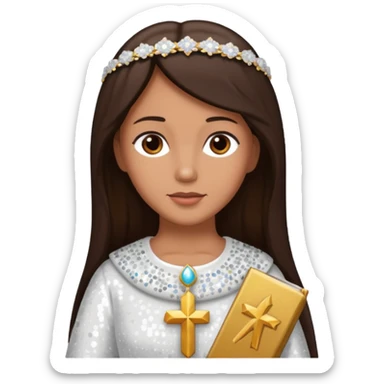 Mary, mother of Jesus from The Bible with dark brown hair, white sequin outfit sticker