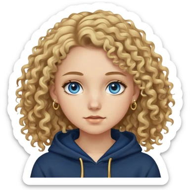 make a emoji girl with dirty blonde curly hair blue eyes a navy hoodie a blakc skirt and a bunhch of gold jewlary sticker