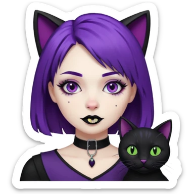 Goth purple woman with black cat. Animated sticker