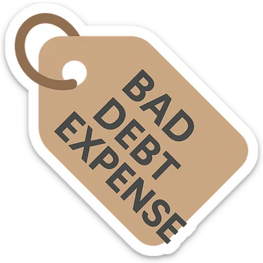 brown price tag icon with 'bad debt expense' in bold clear lettering sticker
