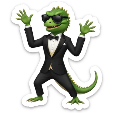 capitalist iguana banker in tuxedo and black sunglasses dancing crazy sticker