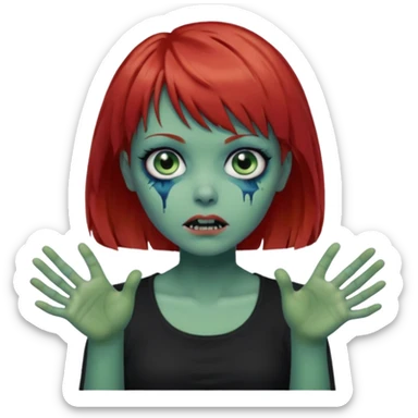 Zombie girl emoji with short red hair and bangs. Blue eyes, green skin, and a black top Her hair is slightly wavy and she has her hands outstretched in front of her.  sticker