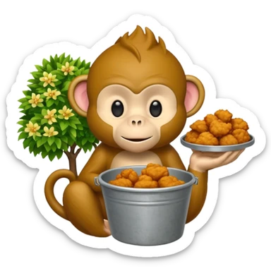 Monkey with a bucket of chicken and a bush sticker