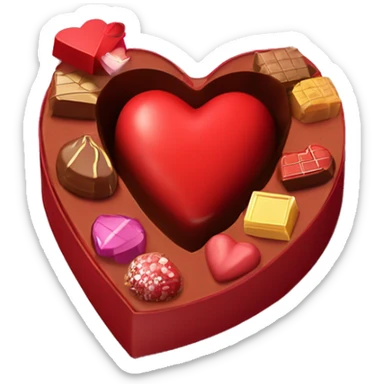 A heart shaped red chocolate box partialy closed to reveal some chocolates inside sticker