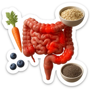 intestino umano anatomico infiammato al centro con carota, bowl di avena, mirtilli, bowl di semi di chia che gli fluttuano intorno , iperrealistico 4k sticker
