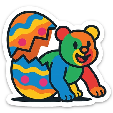 a gummy bear crawling out of an Easter egg, vibrant, playful, clear subject, bright colors, fun mood, simple background sticker