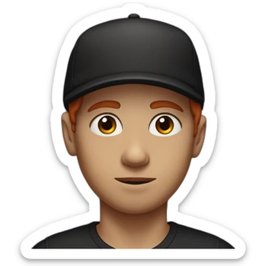 red head boy with red mustache, wearing a backwards cap, bron eyes arab eyebrows and black tshirt sticker