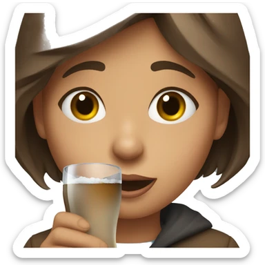 A young brown haired girl holding a glass with smoke coming out of her mouth from the cold  sticker