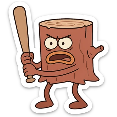cartoonish tree stump character with limbs gripping a baseball bat sticker