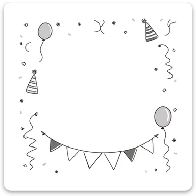 Festive party decorations including balloons, streamers, confetti, party hats, and bunting flags. Using specific pastel colors (dd9fb0, ffc6d3, a3bfc9, c4bee2, f1b091). Hand-drawn doodle style with playful, celebratory elements arranged in a decorative composition. Transparent background. sticker