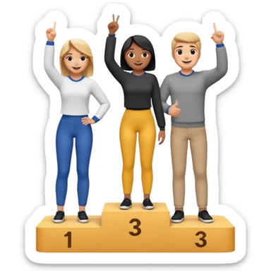 winners podium with three people, black and white, center step higher, no numbers, all in relaxed fun clothes, center person raising one finger on each hand, cheerful expressive emoji style sticker