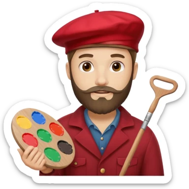 man artist with beard, wearing red beret and painter sticker