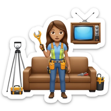 beautiful girl with long brown hair constructing new lounge room area with tv and couch sticker