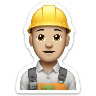 Pale man, thick black eyebrows, bald head, holding a grey cat, dressed as a construction worker sticker