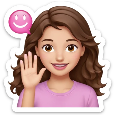 girl with wavy long brown hair, brown eyes, light to medium complexion, long lashes, light pink lipstick, smiling, wearing light pink shirt, slapping sticker