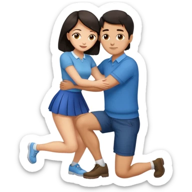  man with dark hair on knees, facing dark haired, middle aged woman in a micro mini skirt, hugging her waist sticker