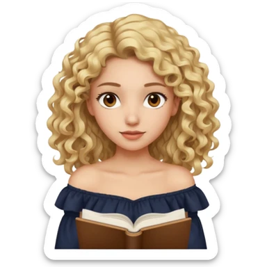woman with long curly blond hair, brown eyes, wearing an off-shoulder top, studying sticker