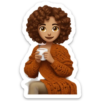 26 year old white Mediterranean woman with brown soft wavy hair and curtain bangs. She is crocheting a garment. She is sitting on the sofa with a crochet blanket that is in the color of cinnamon on herself. Near her there is a cup of tea. sticker