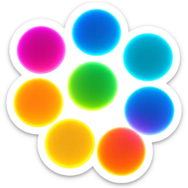 Arrange the neon multicolor dots in a tight cluster, overlapping slightly, keeping the style glowing and vibrant with no background. The style should be glowing neon vibrant colors. sticker