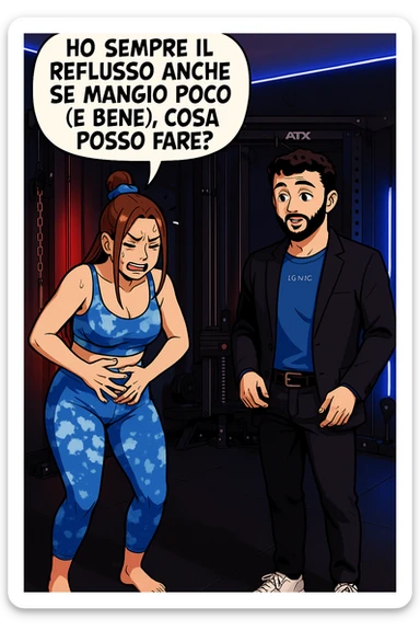 TRASFORMA QUESTO CAROSELLO IN UN FUMETTO STILE WEBTOON/MANGA A COLORI CON QUESTE DUE PERSONE IDENTICHE CHE INTERLOQUISCONO TRA LORO, LA DONNA è DISPERATA CON LE MANI sulla pania perché soffre di reflusso E STA DOMANDANDO TUTTA AGITATA UNA COSA ALL'UOMO:

LEI (DONNA): Ho sempre il reflusso anche se mangio poco (e bene), cosa posso fare?
 sticker