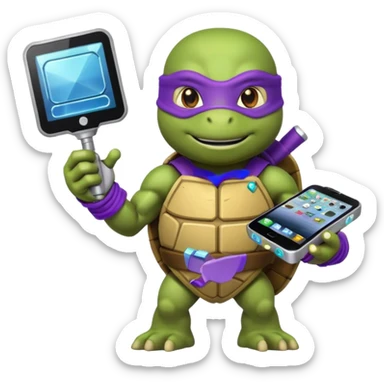Donatello from Teenage Mutant Ninja Turtles, emoji style, holding a hologram device and a tech gadget sticker