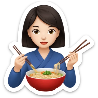 chica joven con piel clara y pelo oscuro comiendo un bowl de comida sticker