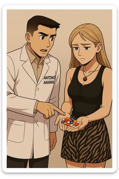 fai un webtoon/manga a colori con questo kinesiologo in camice bianco (fagli la scritta "ANTONIO ANANIA" SUL CAMICE) CHE PARLA CON QUESTA RAGAZZA CON GLI OCCHI AZZURRI. LA RAGAZZA HA UN PUGNO DI INTEGRATORI IN MANO (TANTE PILLOLE DIVERSE) E LE GUARDA DUBBIOSA. IL KINESIOLOGO CON IL CAMICE BIANCO LE TOCCA LA PANCIA CON UN DITO. NON FARE I FUMETTI, FAI SOLO LORO COME SE DIALOGASSERO sticker