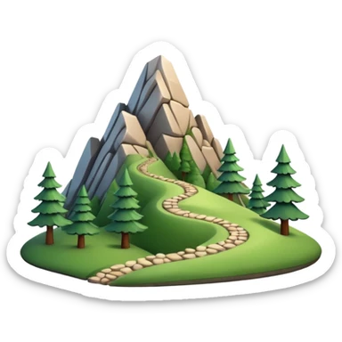 A 3D cartoon mountain trail winding up green slopes with stones and pine trees, distant peaks in background, warm daylight, Memoji-style. sticker