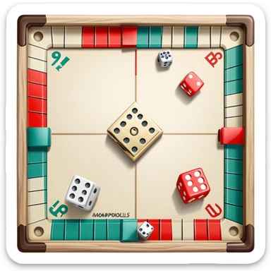 A photorealistic icon featuring a backgammon board with dice, a Monopoly board with money and property cards and a Game of Life spinner. The design captures the detailed textures of the boards, pieces, and accessories. Transparent background. sticker