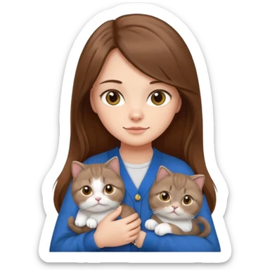 girl with long brown hair in a cardigan holding a Scottish Fold cat, emoji style sticker