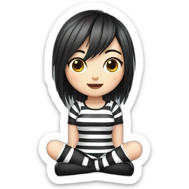 Frontal view curvy emo girl sits white skirt striped stockings hands up sticker