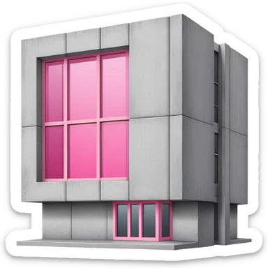 Minimalist brutalist building made of gray concrete with a pink window that stands out sticker