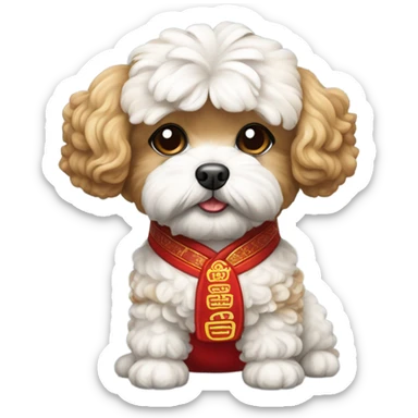 maltipoo wearing chinese customs in red sticker