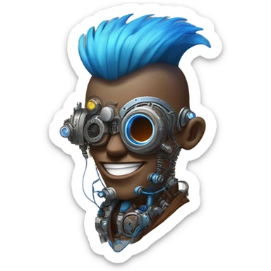 Brown cyborg head with blue Mohawk, blue beard, silver steampunk monocle goggles a smile and circuits sticker