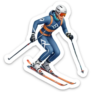 An icon featuring a skier racing down a snow-covered slope, surrounded by snowy peaks and pine trees. The design includes ski poles, bright winter gear, and dynamic motion lines, capturing the thrill and speed of alpine skiing. Transparent background sticker