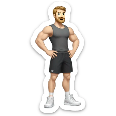 Full height Actively gesturing with hands Pale skinned Fit Man With the biceps and brown hair in dark gray Sleeveless Mike, black oversize sports shorts and white Sneakers sticker