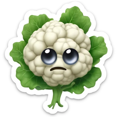 3D cauliflower character with big eyes 👀, a few green leaves 🍃, and leafy hands holding a small mirror 🪞 while gazing into it. The character is floating in the air, no legs visible. sticker