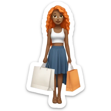 Tan girl with long orange hair wearing a skirt and crop top outfit holding shopping bags sticker