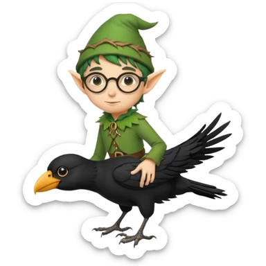 tiny forest elf with round glasses riding crow sticker