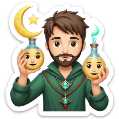 human forest alchemist character holding crescent moon like a glowing flask, mischievous idea face sticker