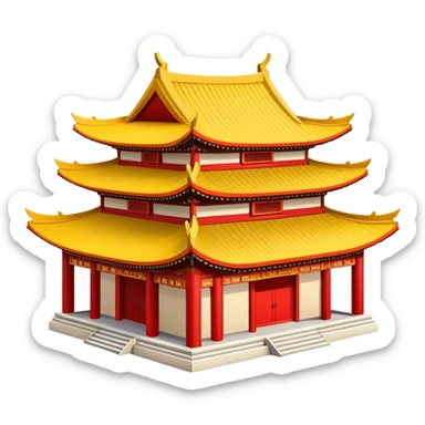 Simple Chinese temple building icon like standard emoji, iconic representation with upturned roof eaves sticker