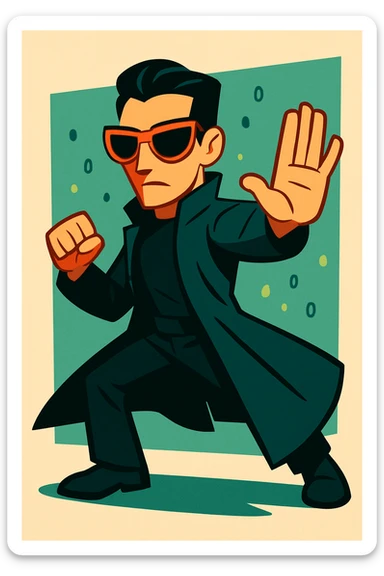 Neo from the Matrix, stylized cartoon, exaggerated sunglasses and coat, dynamic pose sticker