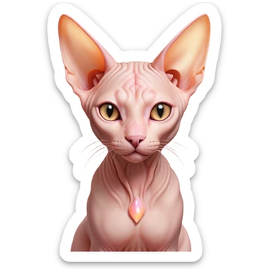 Cinematic Noble Sphynx Cat Portrait Emoji, Poised and regal, with smooth, hairless skin in warm peach and soft pink tones, striking large ears and intense almond-shaped eyes, Simplified yet sharp and sophisticated features, highly detailed, glowing with a soft, dignified glow, high shine, intelligent and graceful, stylized with an air of elegance, focused and attentive, soft glowing outline, capturing the essence of a watchful and refined feline, so majestic it feels as though it could glide across the screen with effortless confidence! sticker