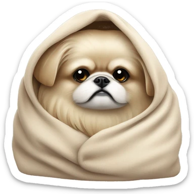White Pekingese cozy in beige blanket sticker