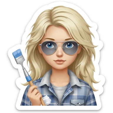 girl with long blond messy hair, white paint on her face wearing grey plaid shirt with blue eyes and aviator sunglasses wearing a ring on her silver necklace, holding a paint brush roller sticker