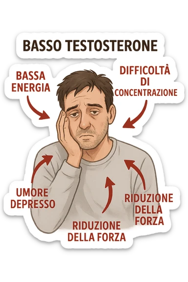  un uomo con espressione affaticata, circondato da frecce rosse che evidenziano sintomi di testosterone basso. Le frecce sono accompagnate da scritte in italiano come “Bassa energia”, “Difficoltà di concentrazione”, “Umore depresso”, “Riduzione della forza”. L’ambiente è semplice, con colori neutri e dettagli realistici. sticker