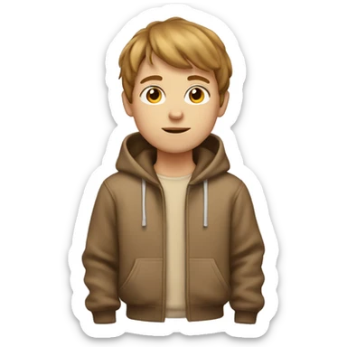 White boy with brown fringe hair and with a beige hoodie sticker