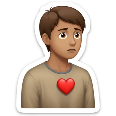 a man with brown hair staying in a
full height in profile with anxiety and begging face with a broken heart sticker